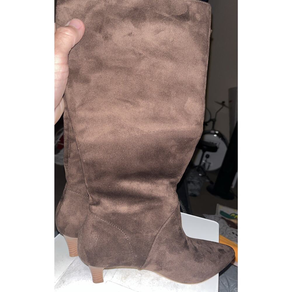 Coutgo Womens Knee High Boots Pointed Toe Kitten Heel Chocolate Size 8 - Picture 9 of 9